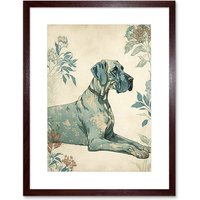 Artery8 Wall Art Print Blue Great Dane Dog with Flower Pattern Fur Coat Modern Artwork Framed 9X7 Inch in Brown | Size: W7" x H9"