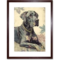 Artery8 Wall Art Print Great Dane Dog with Floral Pattern Modern Linocut Artwork Framed 9X7 Inch in Brown | Size: W7" x H9"