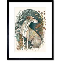 Artery8 Wall Art Print Greyhound Dog in Flower Field Modern Pastel Boho Watercolour Artwork Framed 9X7 Inch in Black | Size: W7" x H9"
