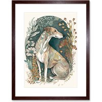Artery8 Wall Art Print Greyhound Dog in Flower Field Modern Pastel Boho Watercolour Artwork Framed 9X7 Inch in Brown | Size: W7" x H9"