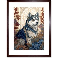 Artery8 Wall Art Print Siberian Husky Dog in Autumn Flower Field Modern Art Nouveau Artwork Framed 9X7 Inch in Brown | Size: W7" x H9"
