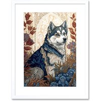 Artery8 Wall Art Print Siberian Husky Dog in Autumn Flower Field Modern Art Nouveau Artwork Framed 9X7 Inch in White | Size: W7" x H9"