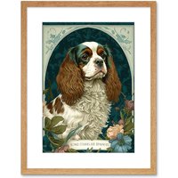 Artery8 Wall Art Print King Charles Spaniel Dog with Flower Blooms Modern Art Nouveau Artwork Framed 9X7 Inch in Beige | Size: W7" x H9"