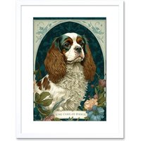 Artery8 Wall Art Print King Charles Spaniel Dog with Flower Blooms Modern Art Nouveau Artwork Framed 9X7 Inch in White | Size: W7" x H9"