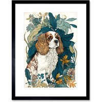 Artery8 Wall Art Print King Charles Spaniel Dog in Leafy Plants Modern Artwork Framed 9X7 Inch in Black | Size: W7" x H9"