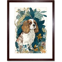 Artery8 Wall Art Print King Charles Spaniel Dog in Leafy Plants Modern Artwork Framed 9X7 Inch in Brown | Size: W7" x H9"