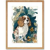 Artery8 Wall Art Print King Charles Spaniel Dog in Leafy Plants Modern Artwork Framed 9X7 Inch in Beige | Size: W7" x H9"