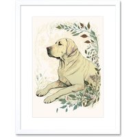 Artery8 Wall Art Print Labrador Retriever Dog Lying in Field Modern Linocut Artwork Framed 9X7 Inch in White | Size: W7" x H9"