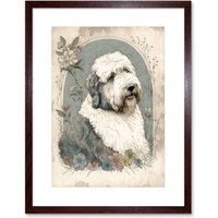 Artery8 Wall Art Print English Sheepdog with Flower Blooms Boho Portrait Watercolour Artwork Framed 9X7 Inch in Brown | Size: W7" x H9"
