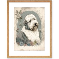 Artery8 Wall Art Print English Sheepdog with Flower Blooms Boho Portrait Watercolour Artwork Framed 9X7 Inch in Beige | Size: W7" x H9"