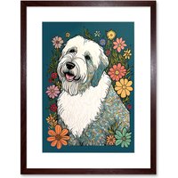 Artery8 Wall Art Print English Sheepdog with Multicolour Daisies Bright Flowers Modern Artwork Framed 9X7 Inch in Brown | Size: W7" x H9"