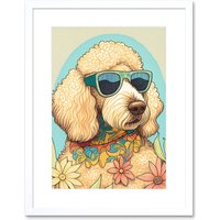 Artery8 Wall Art Print Poodle Dog with Sunglasses & Bandana in Daisies Modern Multicoloured Artwork Framed 9X7 Inch in White | Size: W7" x H9"