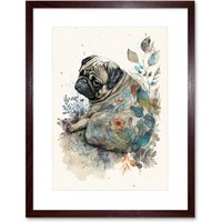 Artery8 Wall Art Print Pug Dog with Floral Pattern Modern Multicoloured Watercolour Artwork Framed 9X7 Inch in Brown | Size: W7" x H9"