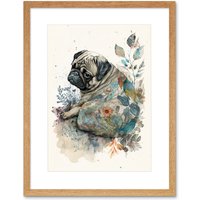 Artery8 Wall Art Print Pug Dog with Floral Pattern Modern Multicoloured Watercolour Artwork Framed 9X7 Inch in Beige | Size: W7" x H9"