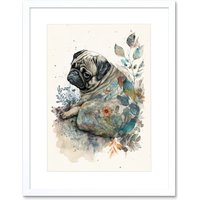 Artery8 Wall Art Print Pug Dog with Floral Pattern Modern Multicoloured Watercolour Artwork Framed 9X7 Inch in White | Size: W7" x H9"