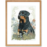 Artery8 Wall Art Print Rottweiler Dog Sitting in Flower Field Modern Watercolour Artwork Framed 9X7 Inch in Beige | Size: W7" x H9"