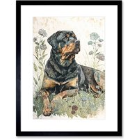 Artery8 Wall Art Print Rottweiler Dog Lying in Wildflowers Bright Watercolour Artwork Framed 9X7 Inch in Black | Size: W7" x H9"