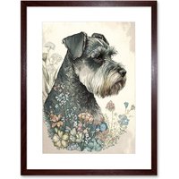 Artery8 Wall Art Print Grey Schnauzer Dog & Spring Flowers Boho Portrait Watercolour Artwork Framed 9X7 Inch in Brown | Size: W7" x H9"