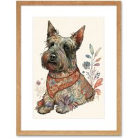 Artery8 Wall Art Print Scottish Terrier Dog with Flower Pattern Fur Coat Modern Watercolour Artwork Framed 9X7 Inch in Beige | Size: W7" x H9"