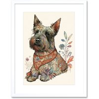 Artery8 Wall Art Print Scottish Terrier Dog with Flower Pattern Fur Coat Modern Watercolour Artwork Framed 9X7 Inch in White | Size: W7" x H9"