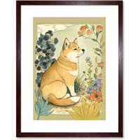 Artery8 Wall Art Print Shiba Inu Dog in Flower Field Modern Pastel Watercolour Artwork Framed 9X7 Inch in Brown | Size: W7" x H9"