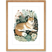 Artery8 Wall Art Print Shiba Inu Dog Lying in Flower Field Modern Stylised Artwork Framed 9X7 Inch in Beige | Size: W7" x H9"