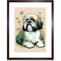 Artery8 Wall Art Print Shih Tzu Dog with Daisies Modern Multicoloured Linocut Artwork Framed 9X7 Inch in Brown | Size: W7" x H9"