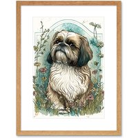Artery8 Wall Art Print Shih Tzu Dog with Wildflowers Modern Art Nouveau Inspired Artwork Framed 9X7 Inch in Beige | Size: W7" x H9"