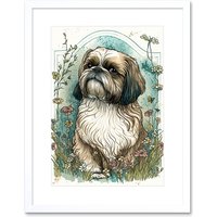Artery8 Wall Art Print Shih Tzu Dog with Wildflowers Modern Art Nouveau Inspired Artwork Framed 9X7 Inch in White | Size: W7" x H9"