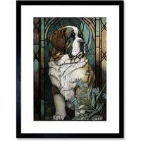 Artery8 Wall Art Print St Bernard Dog with Silvery Lupine Flowers Modern Art Nouveau Artwork Framed 9X7 Inch in Black | Size: W7" x H9"
