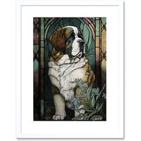 Artery8 Wall Art Print St Bernard Dog with Silvery Lupine Flowers Modern Art Nouveau Artwork Framed 9X7 Inch in White | Size: W7" x H9"
