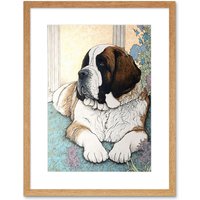 Artery8 Wall Art Print St Bernard Dog Lying by Flower Pot Modern Bright Multicoloured Artwork Framed 9X7 Inch in Beige | Size: W7" x H9"