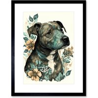 Artery8 Wall Art Print Black Staffordshire Bull Terrier & Flowers Detailed Coloured Pencil Portrait Artwork Framed 9X7 Inch | Size: W7" x H9"