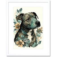 Artery8 Wall Art Print Black Staffordshire Bull Terrier & Flowers Detailed Coloured Pencil Portrait Artwork Framed 9X7 Inch in White | Size: W7" x H9"
