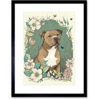 Artery8 Wall Art Print Brown Staffordshire Bull Terrier & Flowers Modern Pastel Boho Artwork Framed 9X7 Inch in Black | Size: W7" x H9"