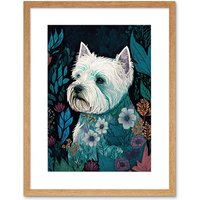 Artery8 Wall Art Print West Highland White Terrier in Flowers Dark Multicoloured Linocut Artwork Framed 9X7 Inch in Beige | Size: W7" x H9"