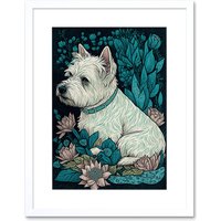 Artery8 Wall Art Print West Highland White Terrier Sitting in Flower Field Modern Dark Artwork Framed 9X7 Inch | Size: W7" x H9"