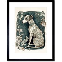 Artery8 Wall Art Print Whippet Dog with Floral Pattern Fur Coat Art Nouveau Inspired Watercolour Artwork Framed 9X7 Inch in Black | Size: W7" x H9"