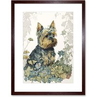 Artery8 Wall Art Print Yorkshire Terrier Dog in Wildflowers Watercolour Artwork Framed 9X7 Inch in Brown | Size: W7" x H9"