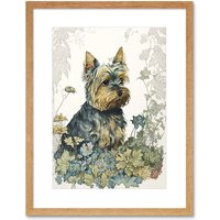 Artery8 Wall Art Print Yorkshire Terrier Dog in Wildflowers Watercolour Artwork Framed 9X7 Inch in Beige | Size: W7" x H9"