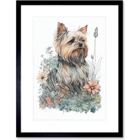 Artery8 Wall Art Print Yorkshire Terrier Dog in Wildflowers Bright Watercolour Artwork Framed 9X7 Inch in Black | Size: W7" x H9"