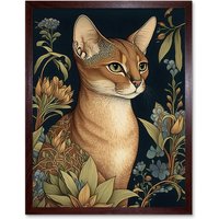 Artery8 Wall Art Print Abyssinian Cat with Flowers Art Nouveau Modern Watercolour Art Framed in Brown | Size: W12" x H16"