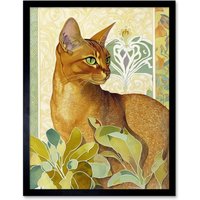 Artery8 Wall Art Print Abyssinian Cat with Plants Art Nouveau Bright Modern Watercolour Art Framed in Black | Size: W12" x H16"