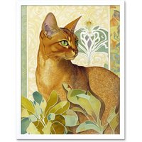 Artery8 Wall Art Print Abyssinian Cat with Plants Art Nouveau Bright Modern Watercolour Art Framed in White | Size: W12" x H16"