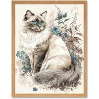 Artery8 Wall Art Print Blue Point Ragdoll Cat with Flowers Watercolour Art Framed in Light Oak | Size: W12" x H16"
