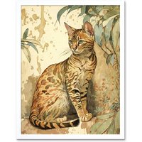 Artery8 Wall Art Print Marble Coat Bengal Cat Perched on Street Wall Watercolour Art Framed in White | Size: W12" x H16"