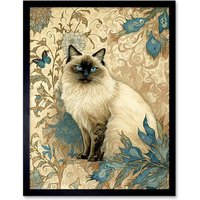 Artery8 Wall Art Print Blue Point Ragdoll Cat with Teal Plants Art Nouveau Watercolour Art Framed in Beige | Size: W12" x H16"