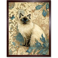 Artery8 Wall Art Print Blue Point Ragdoll Cat with Teal Plants Art Nouveau Watercolour Art Framed in Brown | Size: W12" x H16"