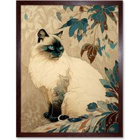 Artery8 Wall Art Print Blue Point Ragdoll Cat & Plant Pattern Art Nouveau Modern Art Framed in Brown | Size: W12" x H16"