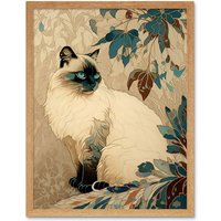 Artery8 Wall Art Print Blue Point Ragdoll Cat & Plant Pattern Art Nouveau Modern Art Framed in Light Oak | Size: W12" x H16"